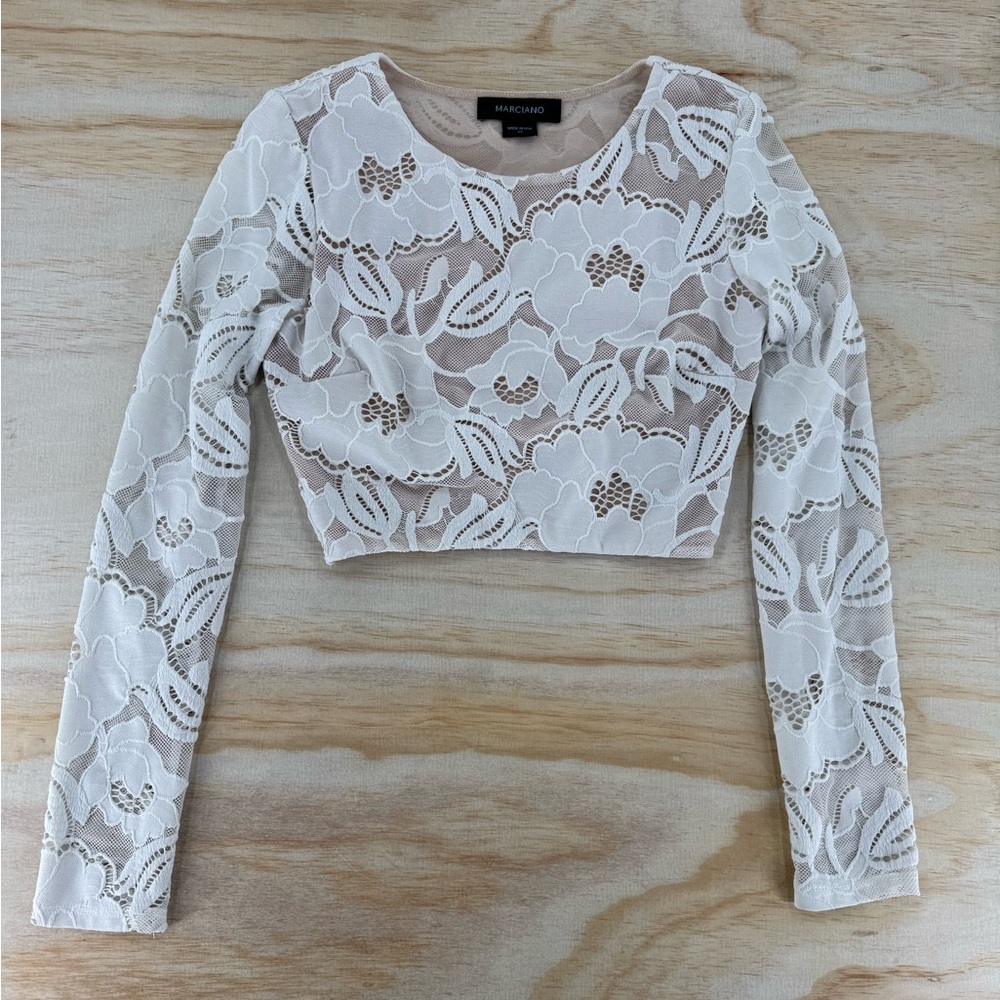 MARCIANO White Lace Long Sleeve Crop Top XS